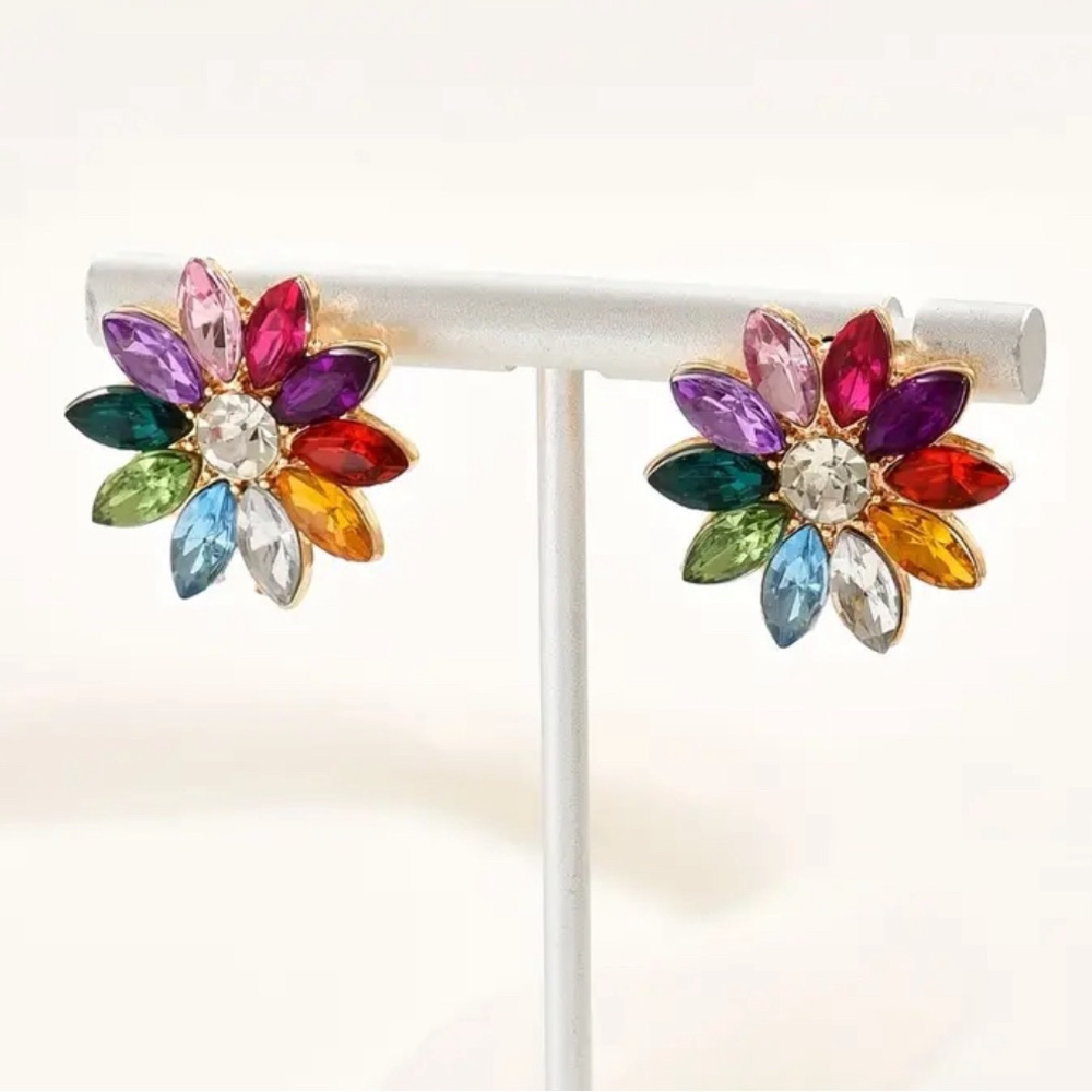 Multicolored Crystal Flower Earrings Rainbow Colors +Free Gift